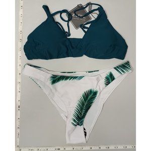 NWT ZAFUL Small Tankini high cut Blue Palm print bikini set